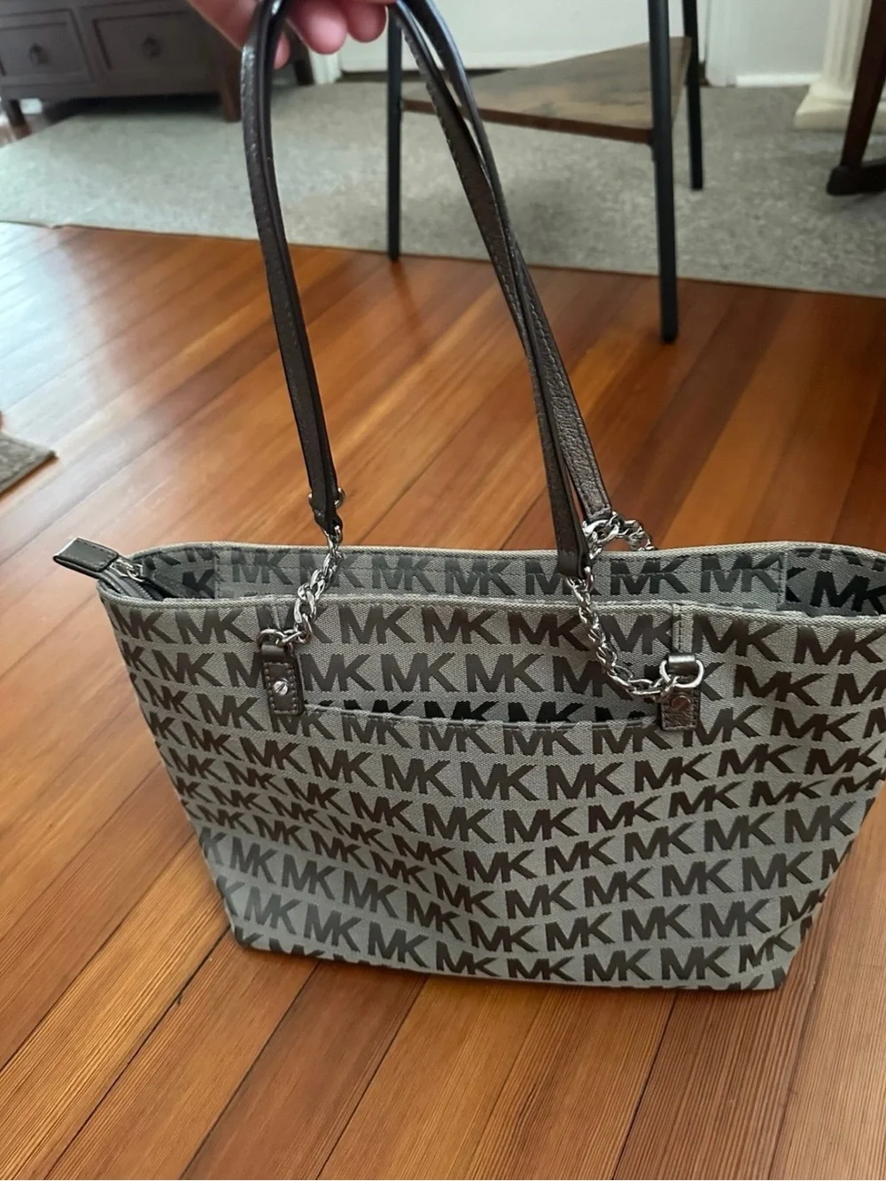 Michael Kors Brown and Gray MK Logo Tote with Tassel Charm